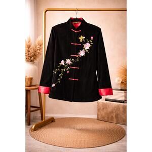 Vintage Woo Ping Lane Embroidered Jacket L Black Pink Floral Frog Closure Asian